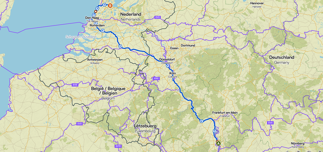 Übersichtskarte der Fahrradtour von Mannheim über den Rhein und die Niederlande bis Zandvoort und Amsterdam